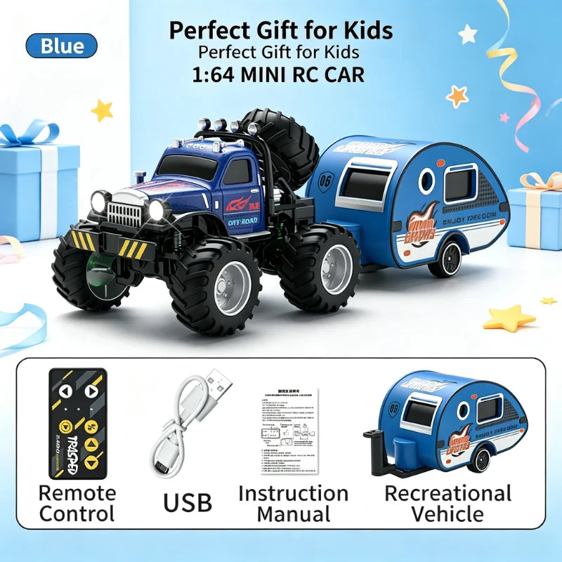 Blue 1:64 mini RC off-road toy truck with remote control and accessories