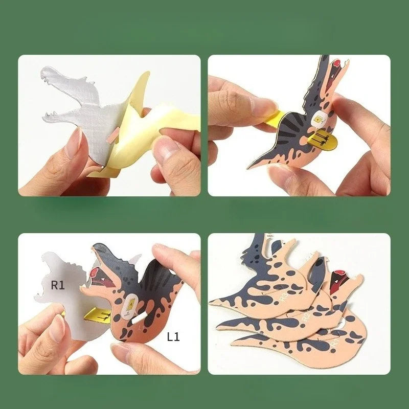 A set of three 3D paper animal puzzles featuring dinosaurs and sea creatures, showing various assembly stages.