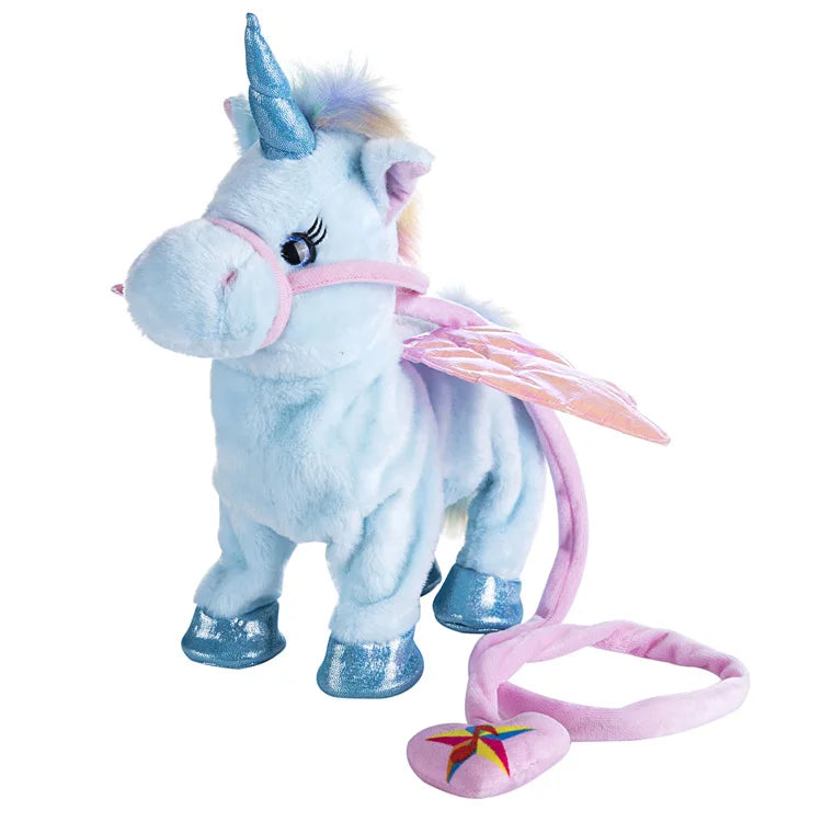 A light blue unicorn plush toy with a silver horn and pink accents.