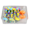 A set of colorful silicone suction cup darts with yellow, purple, and blue tops inside a clear plastic container.