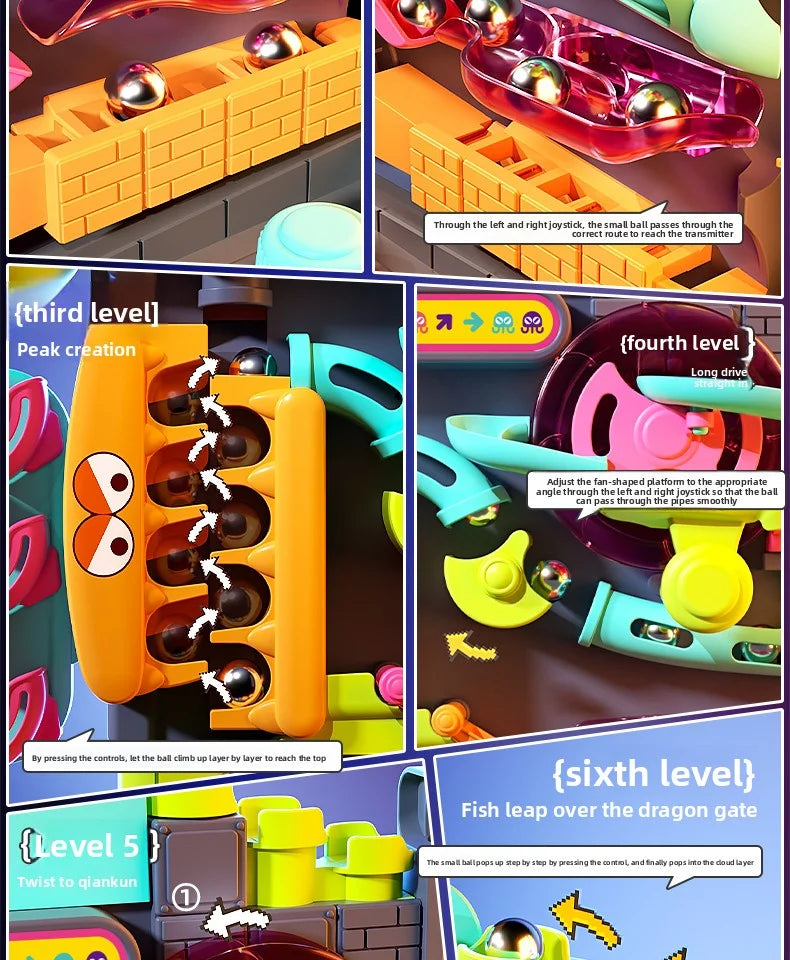 A collection of six levels of a multi-layer rolling ball track adventure toy for kids featuring various colored plastic compo