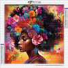 A vibrant diamond painting portrait of an African woman with voluminous dark hair adorned with colorful flowers and bright ba