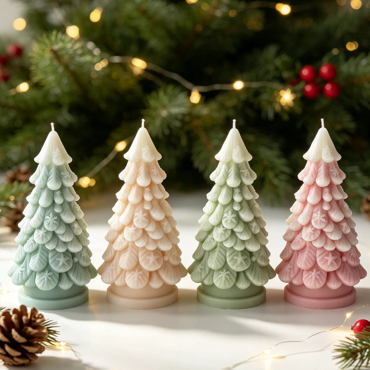 A set of pink and green silicone candle molds shaped like Christmas trees with star and snowflake details.