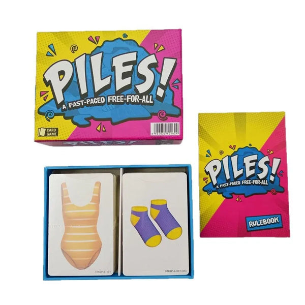 A box and a game set of piles card game featuring colorful cards and packaging.
