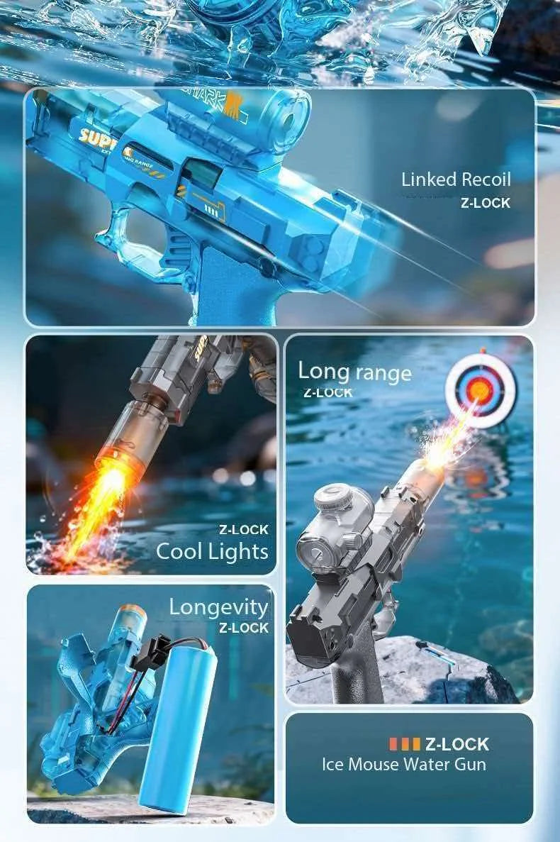 A blue Z-lock ice mouse water gun with linked recoil and cool lights firing a stream of water.