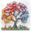 A detailed diamond art painting of a colorful tree featuring pink, orange, and blue flowers on a white background.