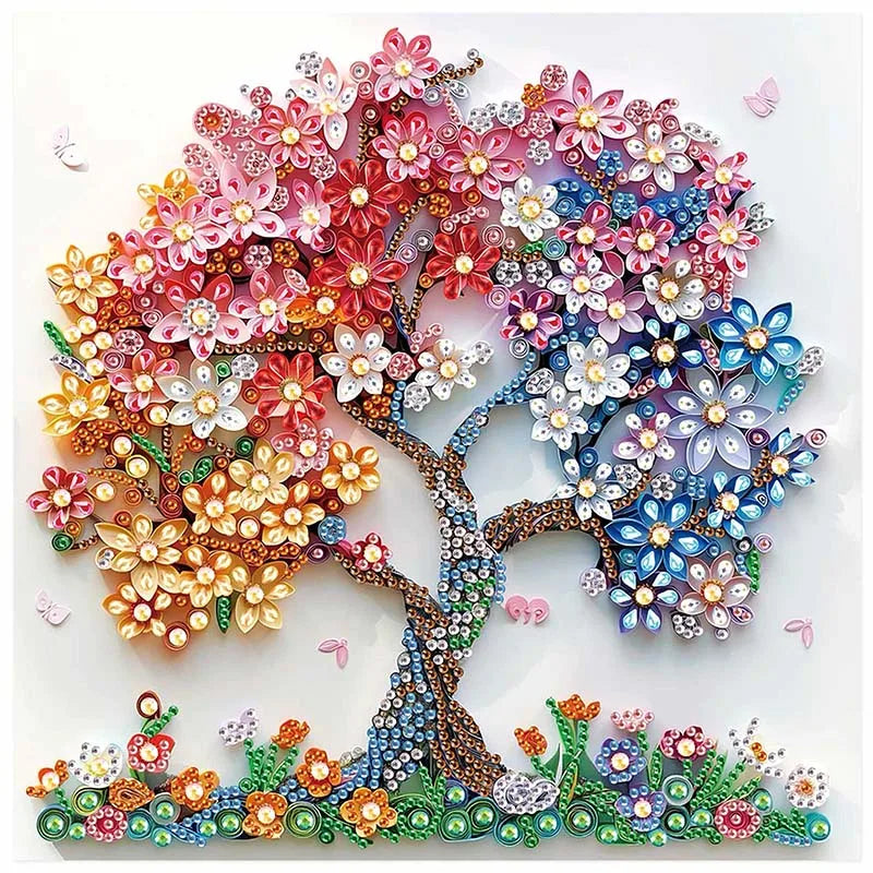 A detailed diamond art painting of a colorful tree featuring pink, orange, and blue flowers on a white background.