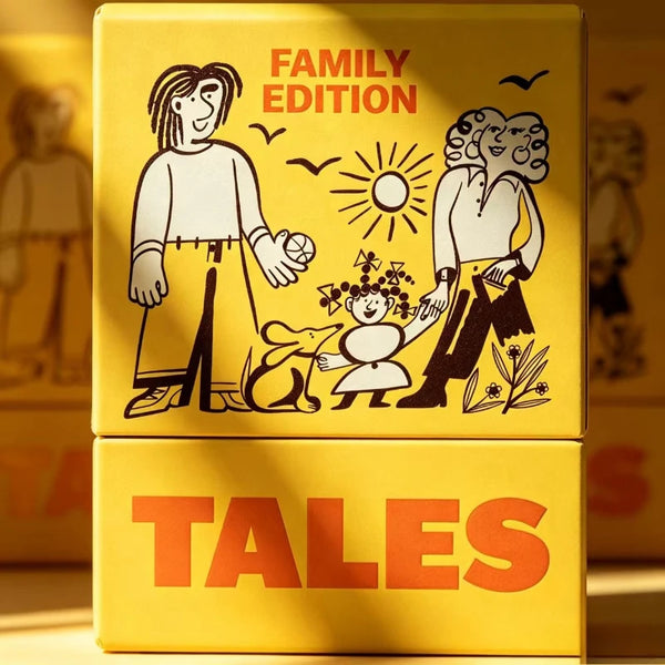 A yellow box for a card game conversation starter set featuring illustrations of a family and the word TALES.
