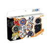 A box for a spinning top battle set featuring various tops and launchers, suitable for ages 6 and up.