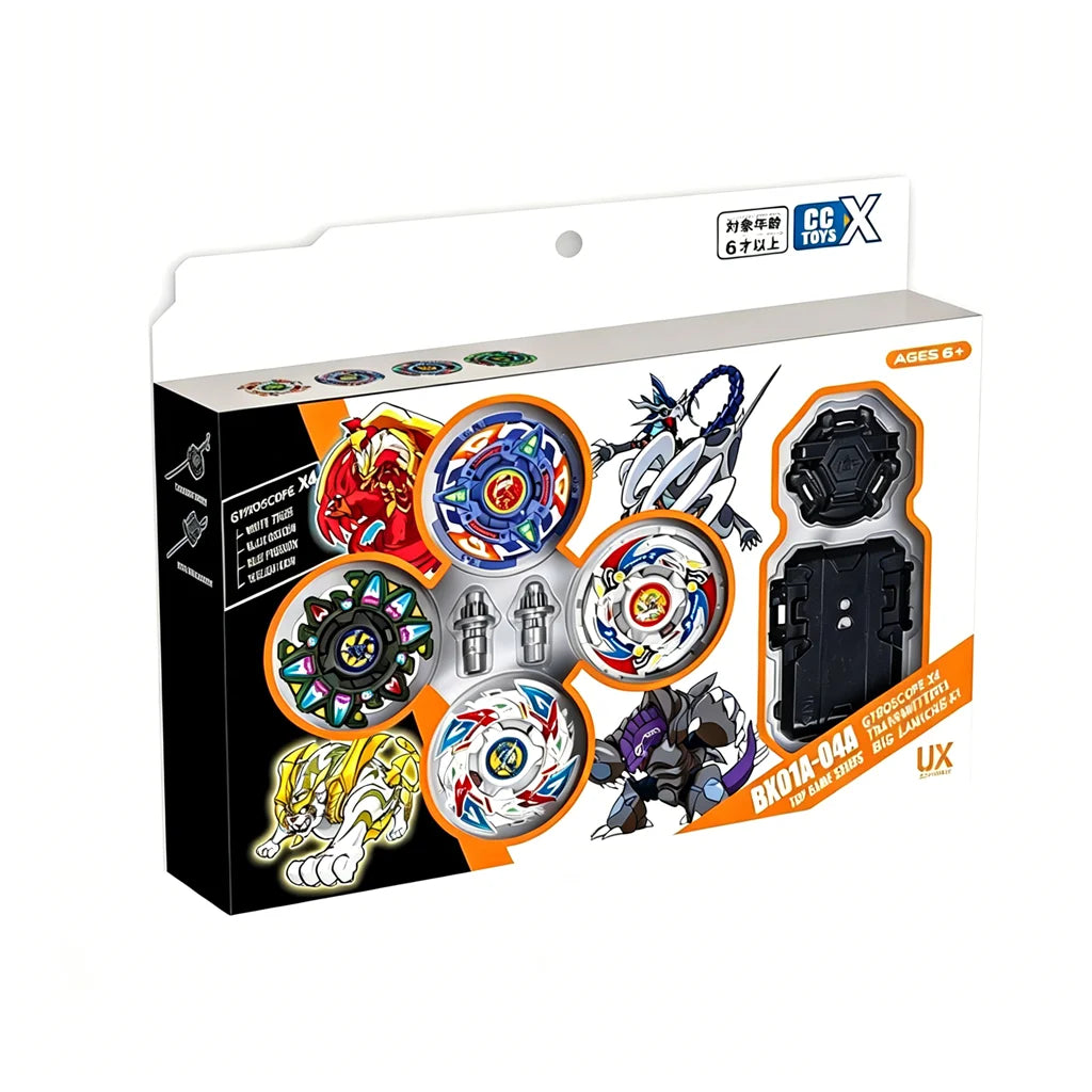 A box for a spinning top battle set featuring various tops and launchers, suitable for ages 6 and up.