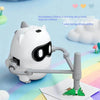 A white robot designed to help children learn color recognition by drawing on paper.