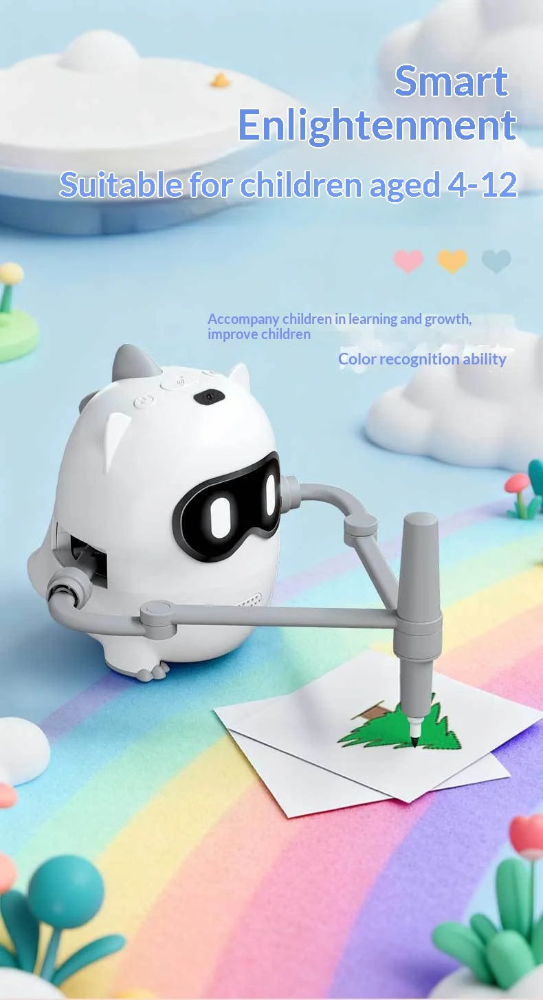 A white robot designed to help children learn color recognition by drawing on paper.