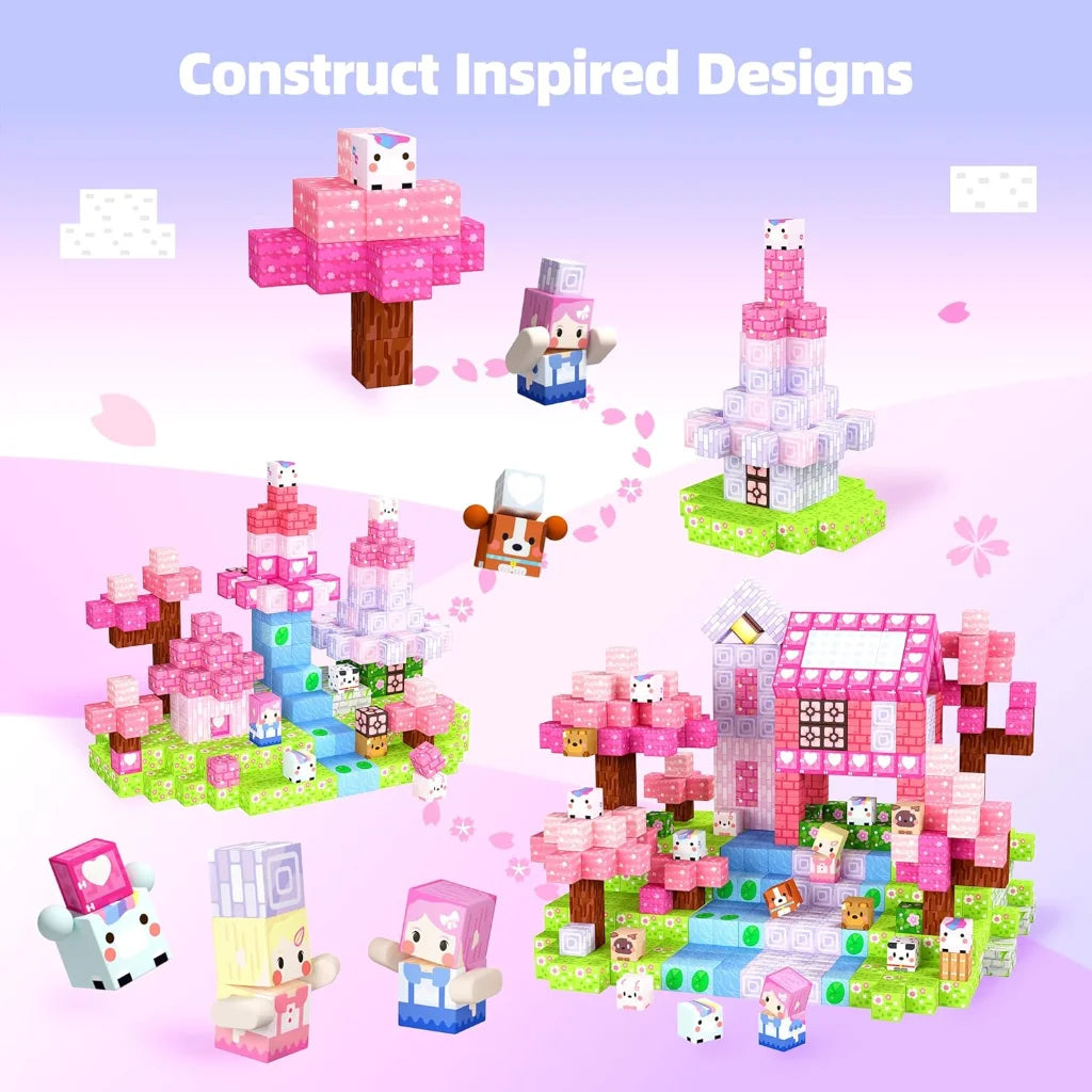 A collection of pink and purple magnetic building blocks and structures inspired by a castle theme.