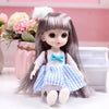 A 17cm articulated princess doll with long gray hair and a blue and white striped dress sitting on a white surface.