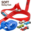 A set of flexible red and blue plastic racing tracks and cars for a DIY building toy.