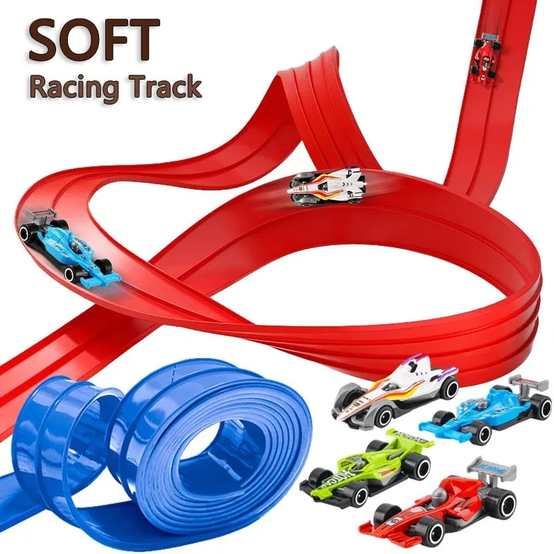 A set of flexible red and blue plastic racing tracks and cars for a DIY building toy.