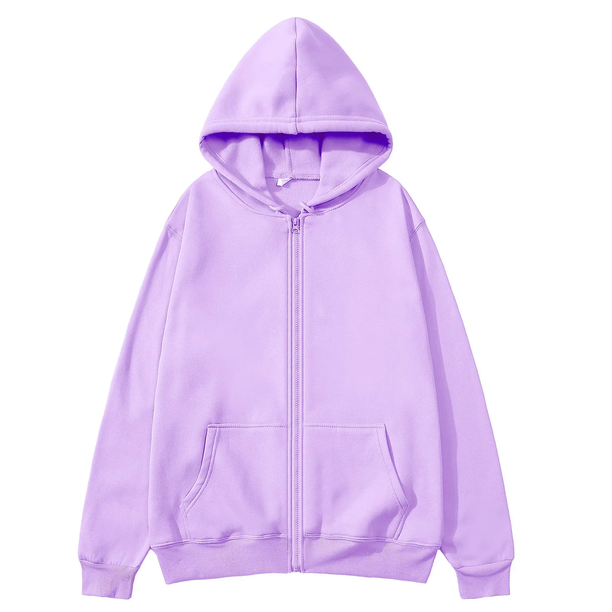 A light purple oversized zip-up hoodie with a hood and front pocket.