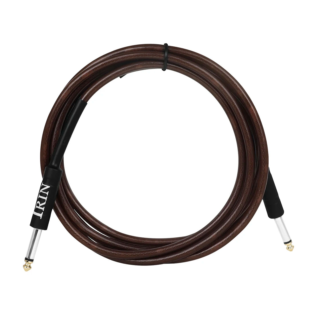 A coiled brown instrument cable with black connectors and noise reduction shielding.