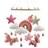 Handmade felt butterfly crib mobile featuring pink and white clouds and a rainbow