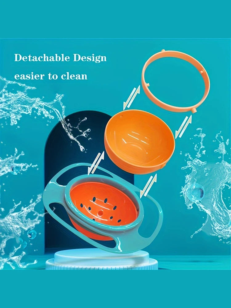 An orange splash-proof gyro bowl with a lid is shown being washed under running water.