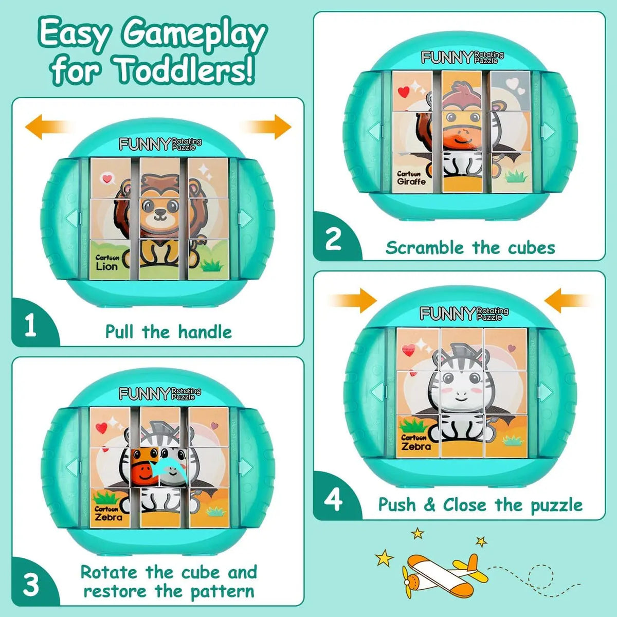A set of four puzzles designed for toddlers featuring various animals and puzzle mechanics like pulling a handle, scrambling 