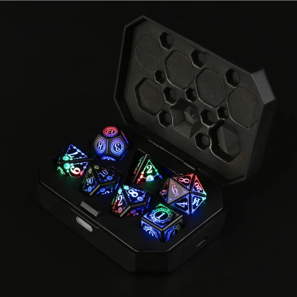 A black case containing a set of rechargeable LED glow dice for tabletop gaming.