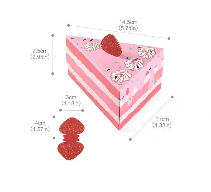 Pink and red striped paper gift box with a strawberry dot shape on top