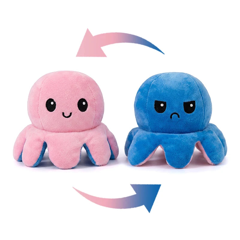 Double-sided flip octopus plush toy showing a pink side and a blue side