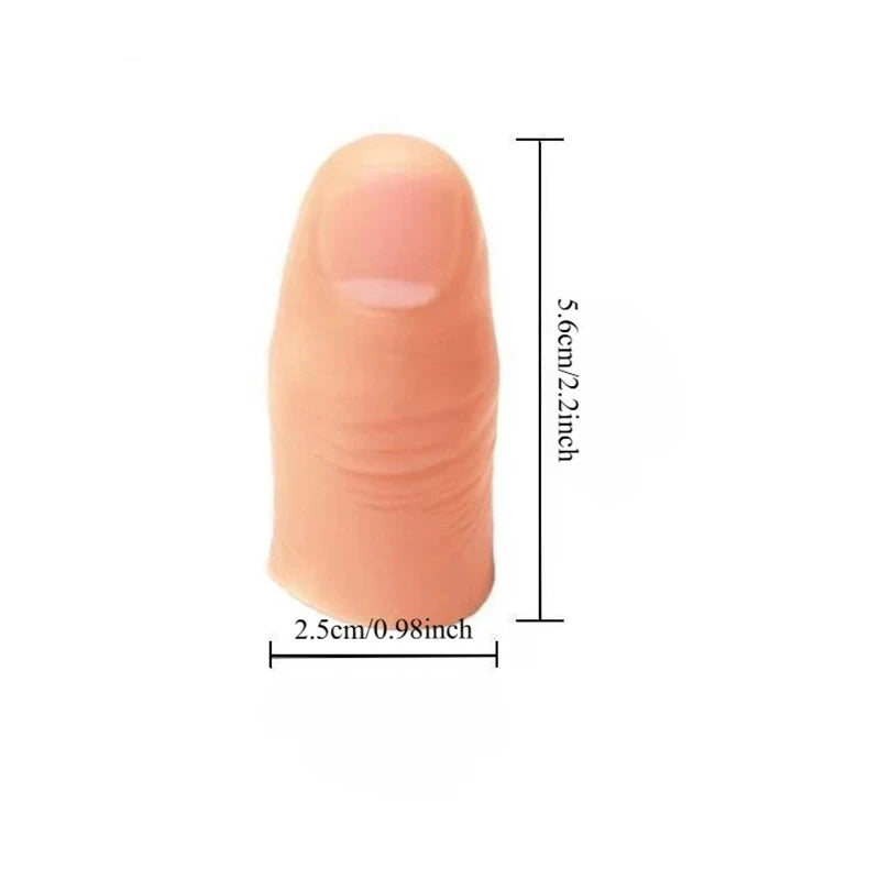A realistic silicone fake thumb tip used for magic tricks, shown with dimensions of 5.6cm/2.2inch and 2.5cm/0.98inch.