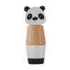 A wooden panda animal puzzle toy with a white face and a natural wood body.