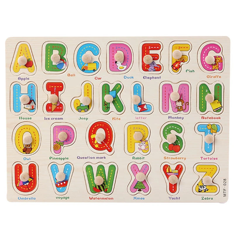 A wooden alphabet puzzle featuring large letters with corresponding animal and object pictures for toddlers.