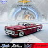 A die-cast model of a red 1959 Chevrolet Impala car in a futuristic tunnel setting.