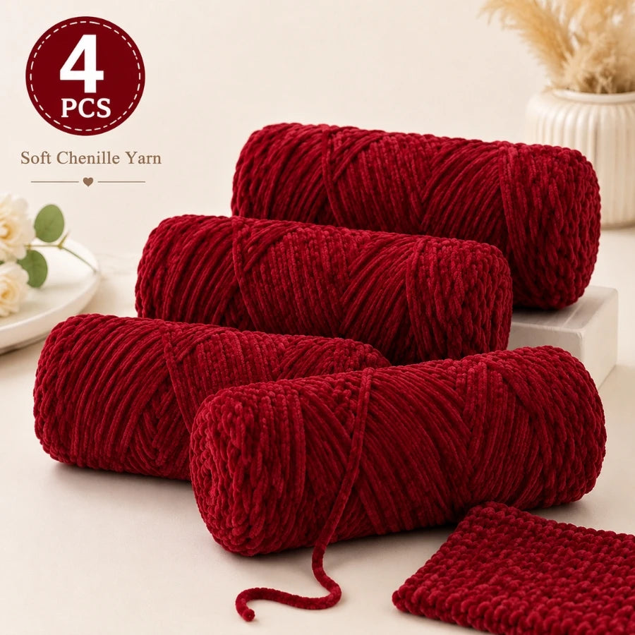 A pack of four red soft chenille yarn skeins used for crochet and knitting projects.