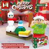A set of Merry Christmas building blocks featuring a snowman, presents, and festive decorations.
