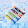 A collection of colorful shark rocket pool diving toys and sea creatures on a light blue grid background.
