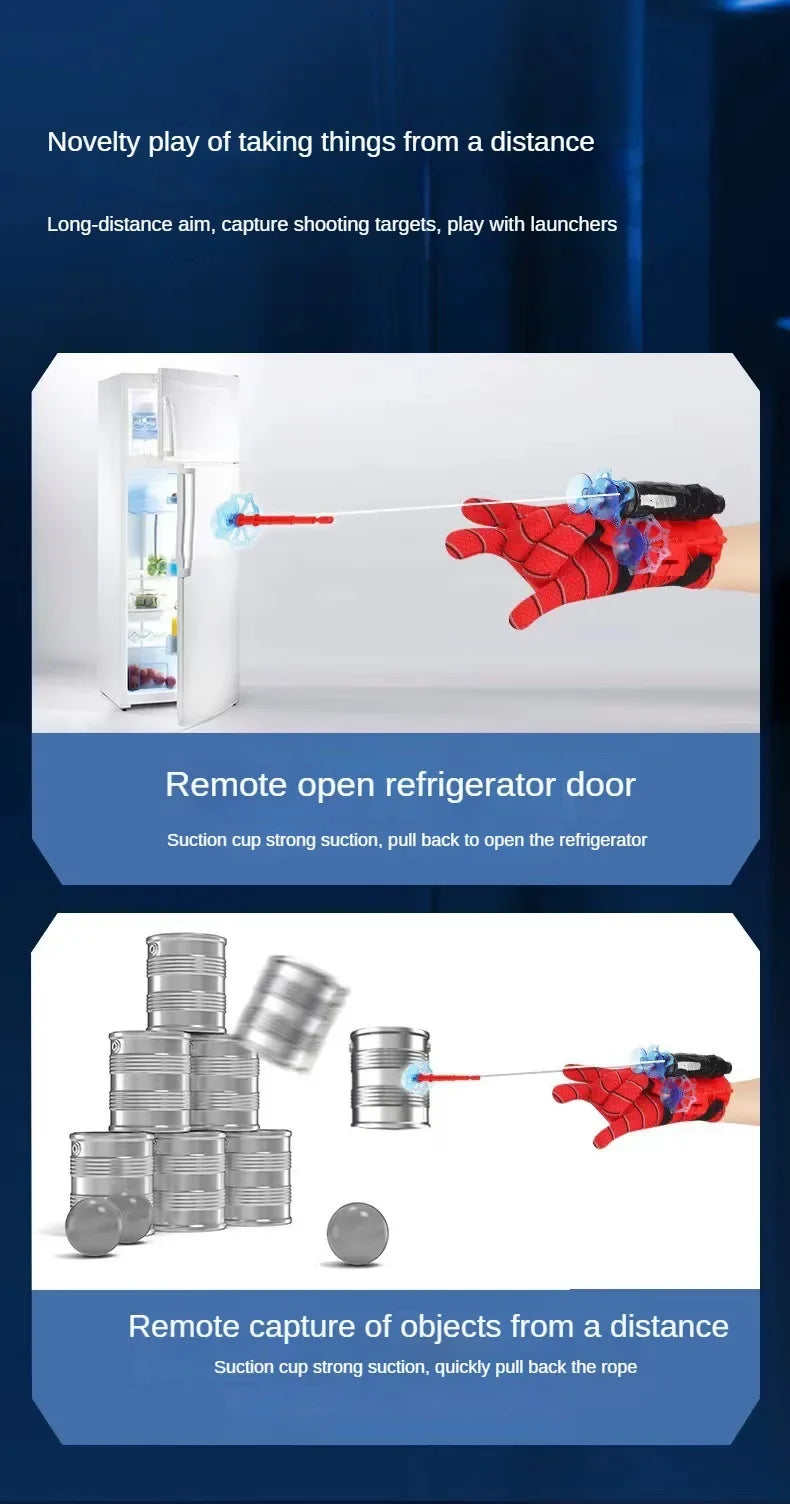 A set of superhero spider launcher gloves and suction cup projectiles demonstrating remote capture and shooting abilities.