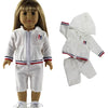A doll wearing a white casual outfit set with a zipper and red trim, standing in a full-body view.