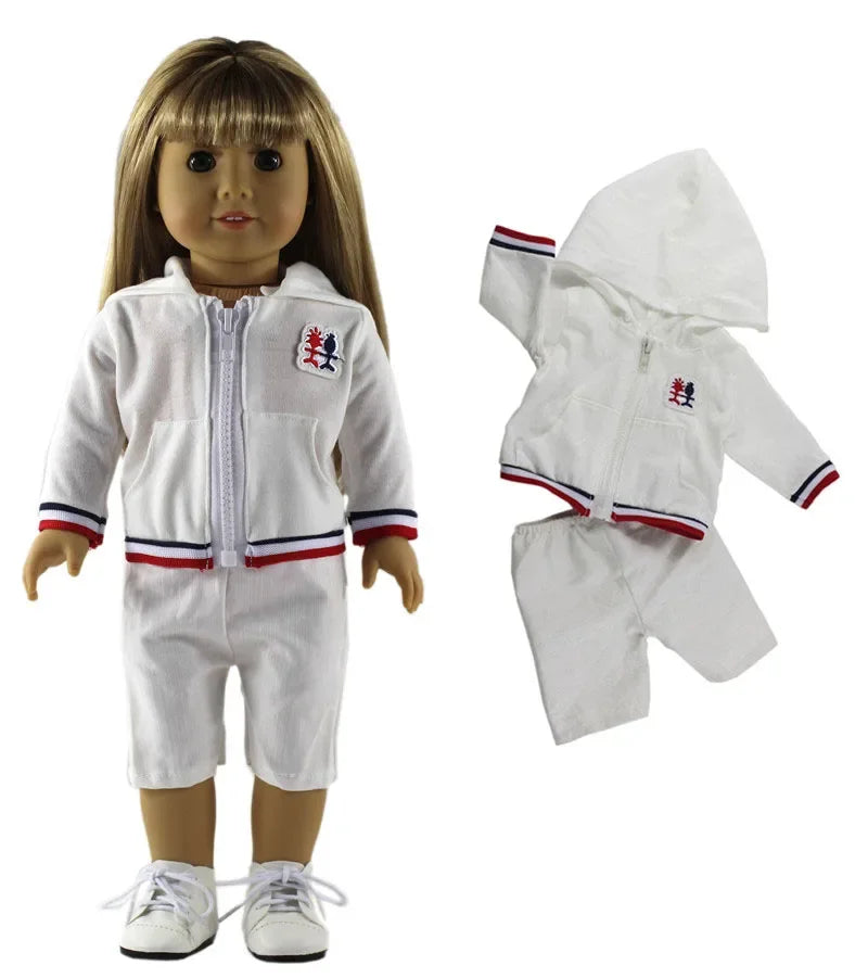 A doll wearing a white casual outfit set with a zipper and red trim, standing in a full-body view.