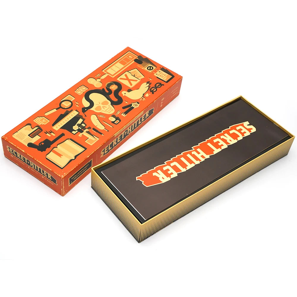 A rectangular box of Secret Hitler card game featuring historical and thematic illustrations.