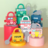 A set of four colored lock toys representing the numbers one, four, and ambulance with keys for toddlers.