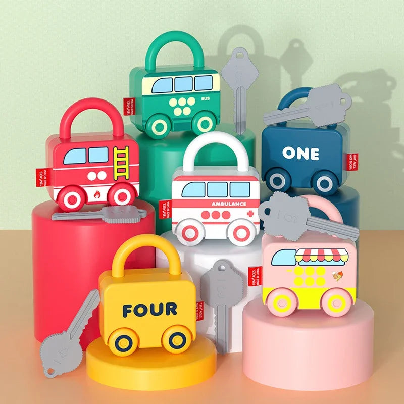 A set of four colored lock toys representing the numbers one, four, and ambulance with keys for toddlers.