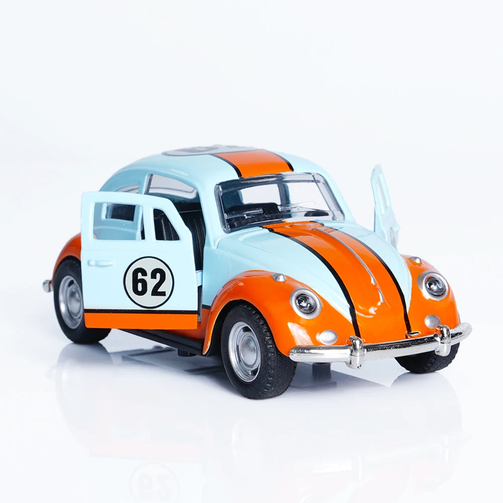 A 1:36 scale die-cast retro Beetle car painted light blue and orange with a number 62 on the door.