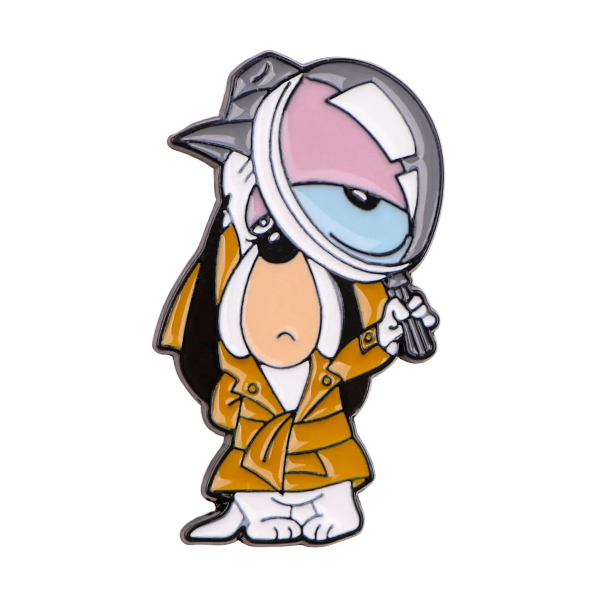 An enamel pin featuring a cartoon dog character wearing a helmet and holding a gun.