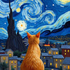 An orange cat sits on a rooftop under a night sky filled with swirling stars and a large moon.
