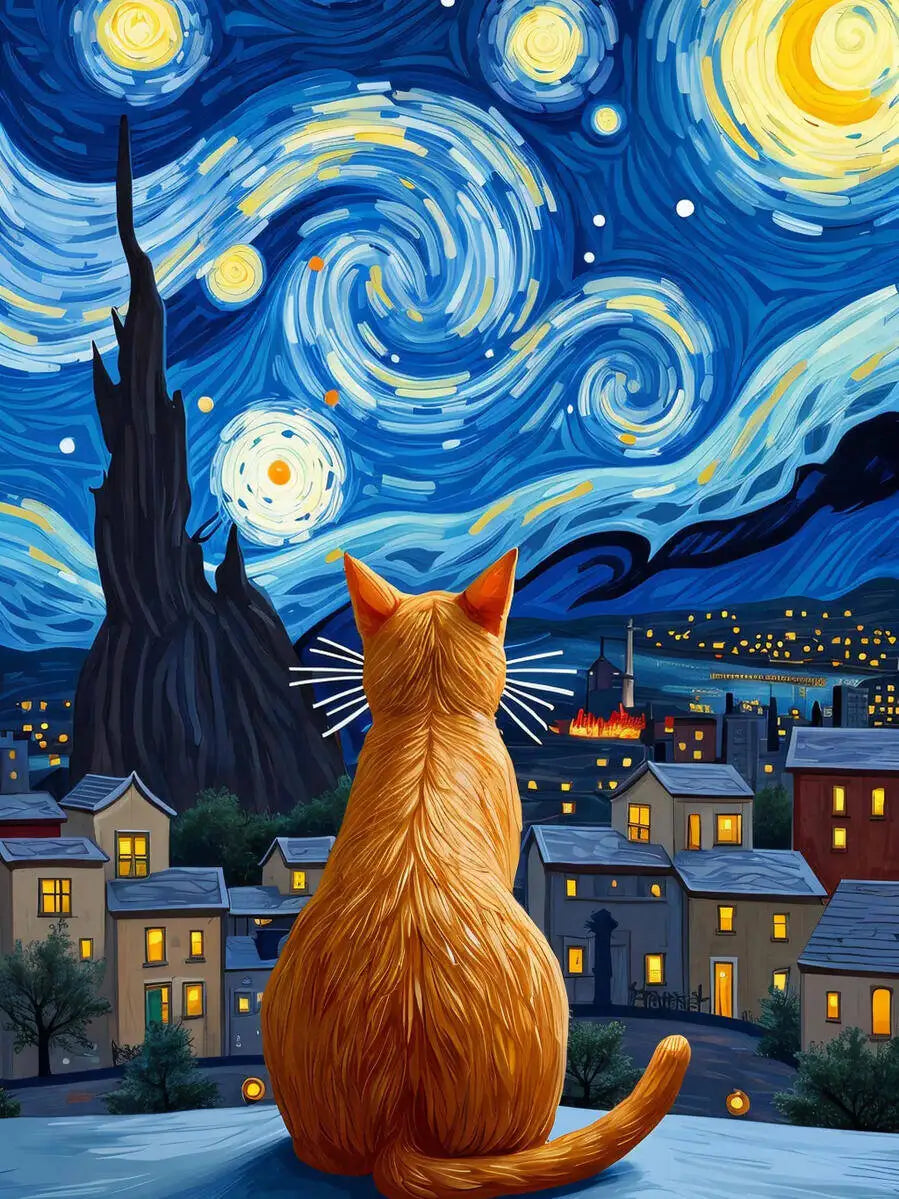 An orange cat sits on a rooftop under a night sky filled with swirling stars and a large moon.