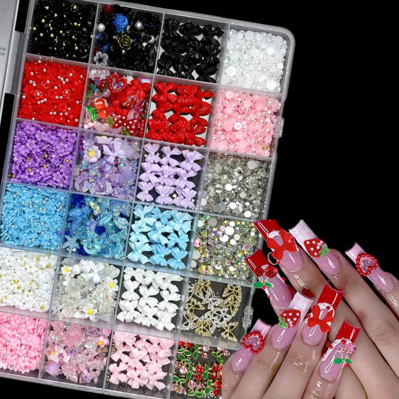 A collection of DIY nail art charms including bows, flowers, fruits, and butterflies in various colors and textures.
