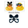 A set of mini rubber duck accessories including sunglasses and hats displayed in separate photos.