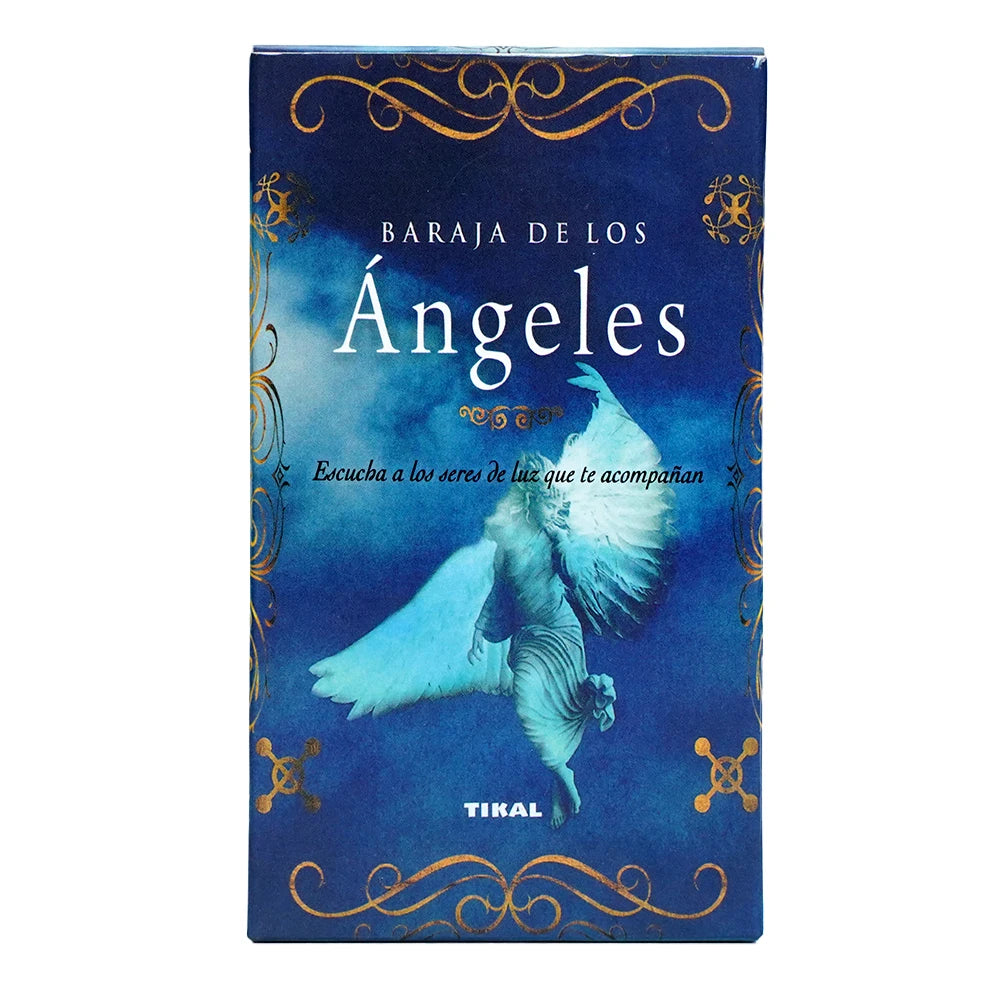 A box of Angel oracle cards featuring a blue winged figure against a dark blue background.