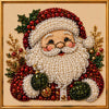 A diamond painting of a smiling Santa Claus with a white beard and festive red and green foliage.