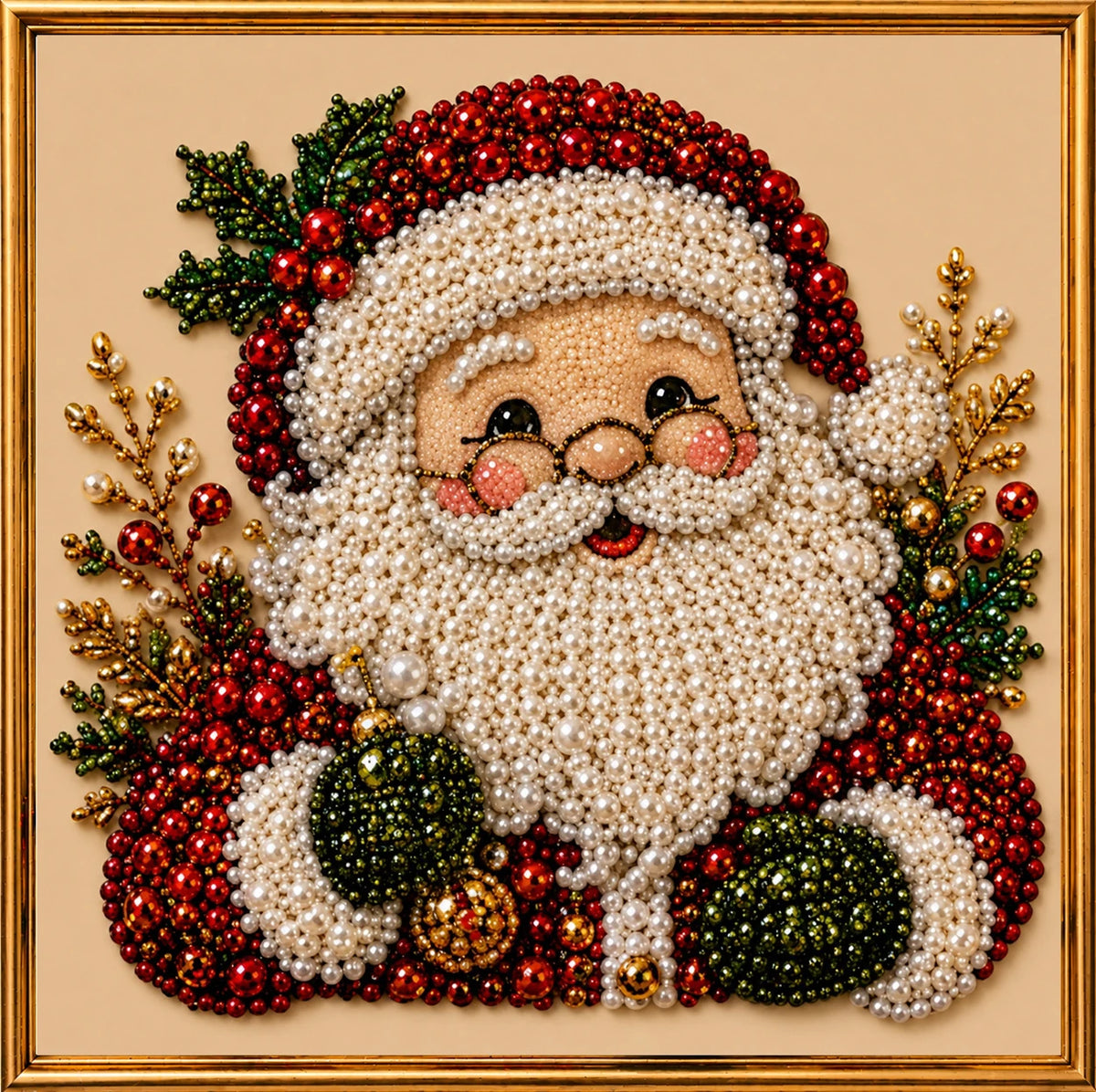 A diamond painting of a smiling Santa Claus with a white beard and festive red and green foliage.